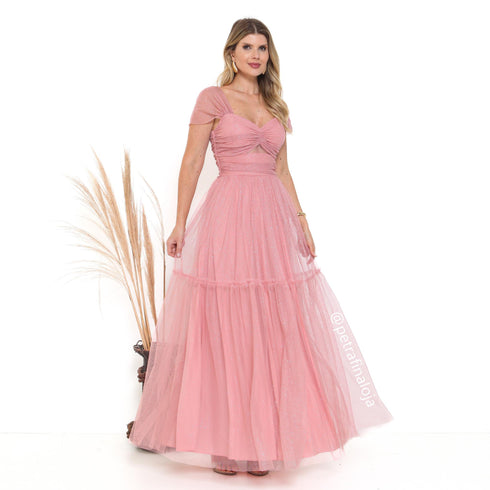 VESTIDO DECOTE TRIANGULO TULE BRILHANTE